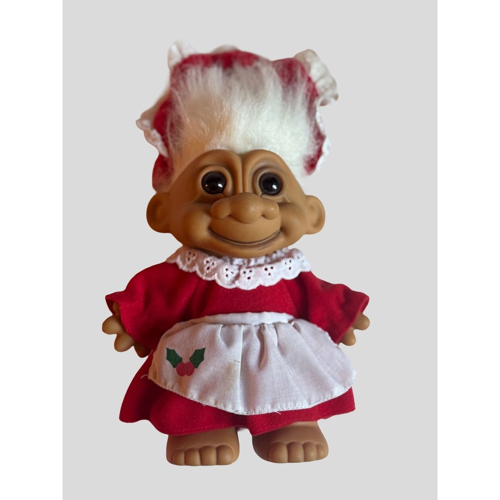 Vintage Russ Berrie Troll Doll Mrs Claus Christmas Holiday Red Dress White Hair